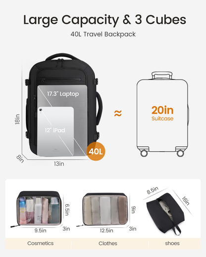 rabattie 40L Travel Backpack for Women Men, Carry on Backpack for Airplanes
